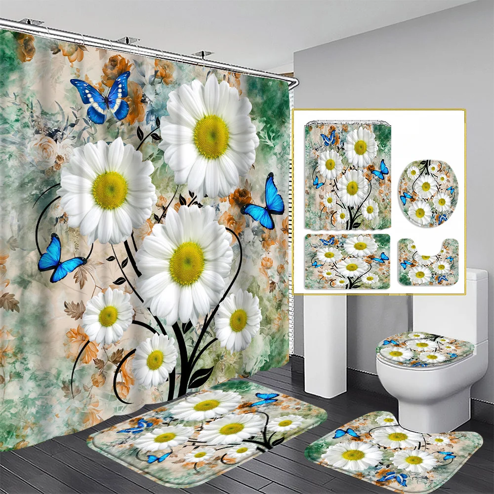 

Daisy and Butterflies Bathroom Set: Shower Curtain, Mat, Towel, Toilet Cover - 4Pcs Waterproof Decor for a Fresh Bath