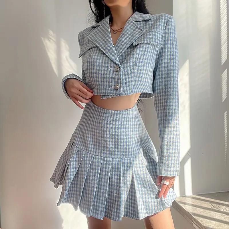 Suit Spring Short Lattice Suit Jacket + Pleated Skirt Two-Piece Sets Female Sweet Double Button Slim Hot Girl With College Style