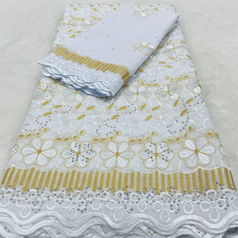 

African 100% Swiss Cotton Voile Lace High Quality 5+2 Yards With Stones 2026 Embroidery Nigeria Cotton Fabric For Wedding Dress