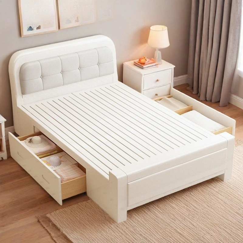 سرير بسيط من الخشب الصلب 1 م 1.2 متر، سرير صغير فردي أبيض كريمي للرياح شقة صغيرة بسيطة للأطفال سرير ناعم مستلق ثاني #4