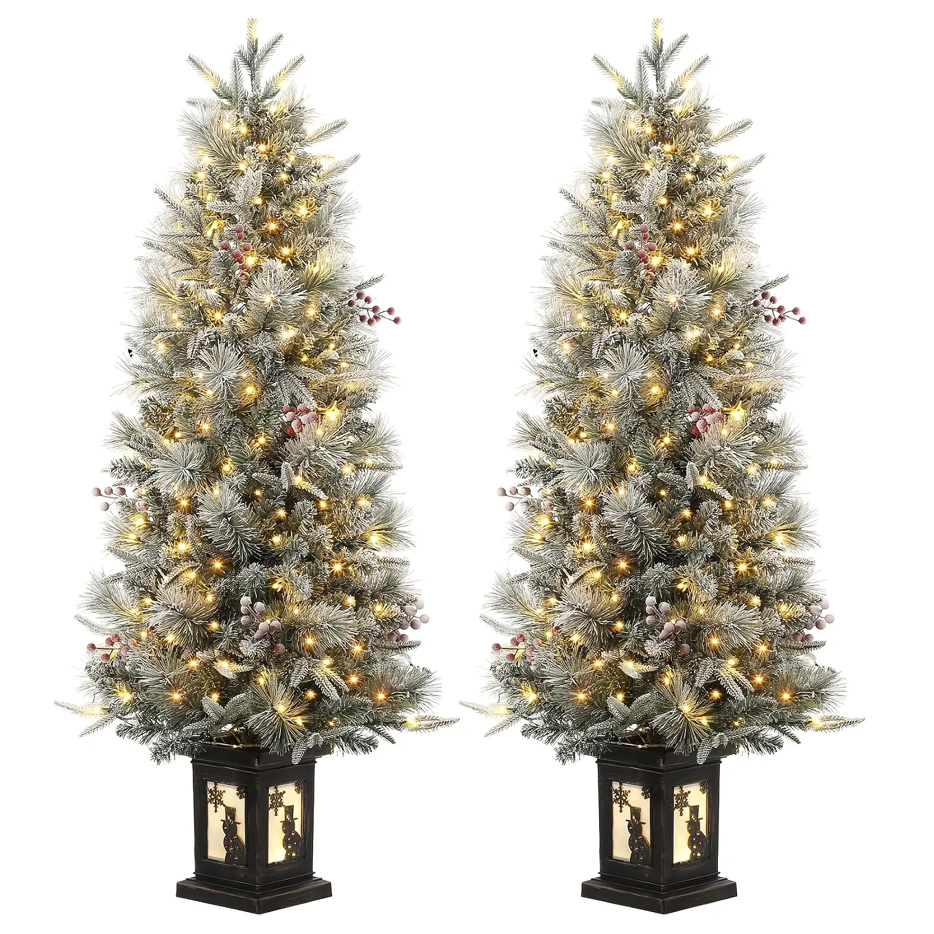 

4.5ft Pre-Lit Snow Flocked Artificial Christmas Tree with 200 Warm LED Lights, 8 Lighting Modes & Snowman Base