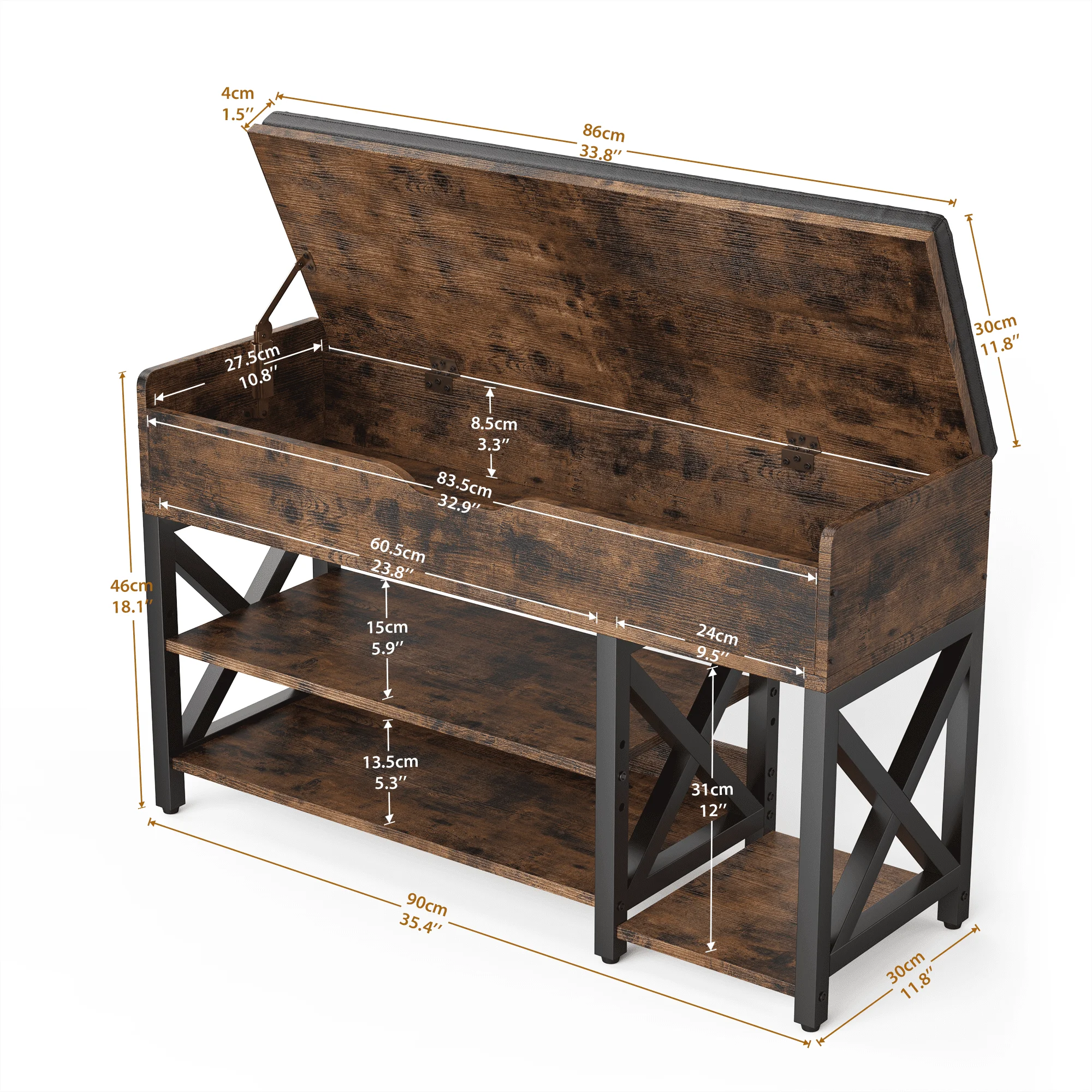 Shoe Bench, Lift Top Shoe Storage Bench, Adjustable Shelf Entryway Bench, Metal and Wood Shoe Rack Organizer with Cushion