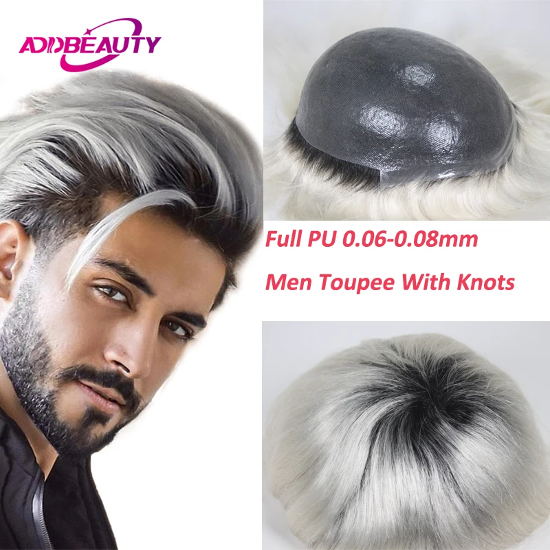 Vollständiges PU 0,06-0,08mm Toupet mit Knoten, Dünne PU-Haut, Herren-Haarteil, Europäisches Remy-Echthaar-Ersatzsystem, Haarteile, Perücken