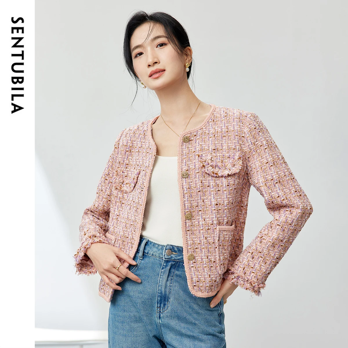 

SENTUBILA Cotton Elegant Jacket for Women Autumn Winter 2024 Straight Texture Tweed Metal Single Breasted Coat Ladies 143W56766X