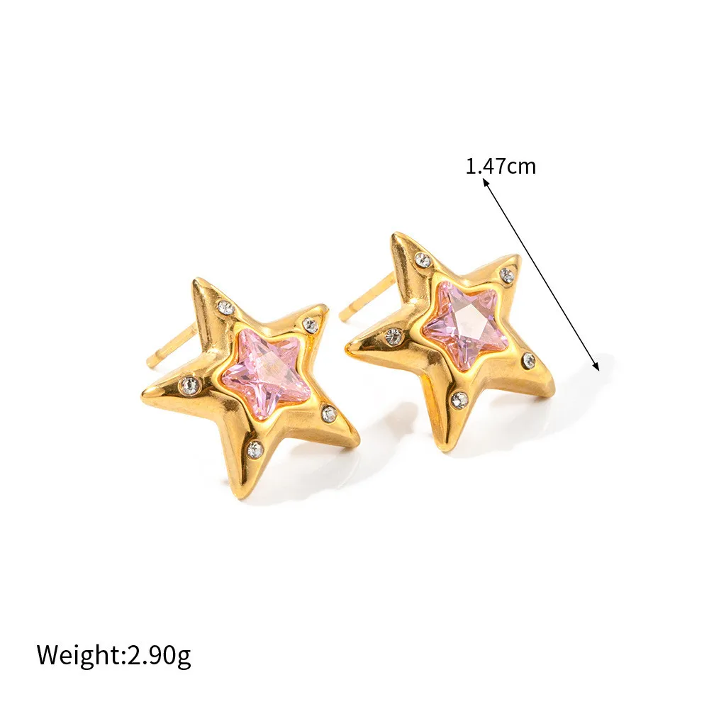 Stainless Steel Pink Star Zircon Gentle Cute Delicate Earrings Vintage Fashion Waterproof Jewelry Gift Personality