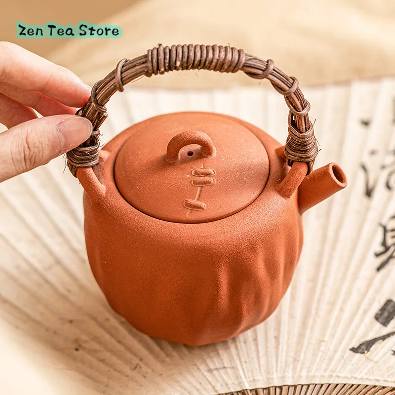 Hand-made Red Mud Bamboo Woven Raised Beam Pot Ironing Tea Kettle With Filter Kung Fu Tea Set Tea Kettle