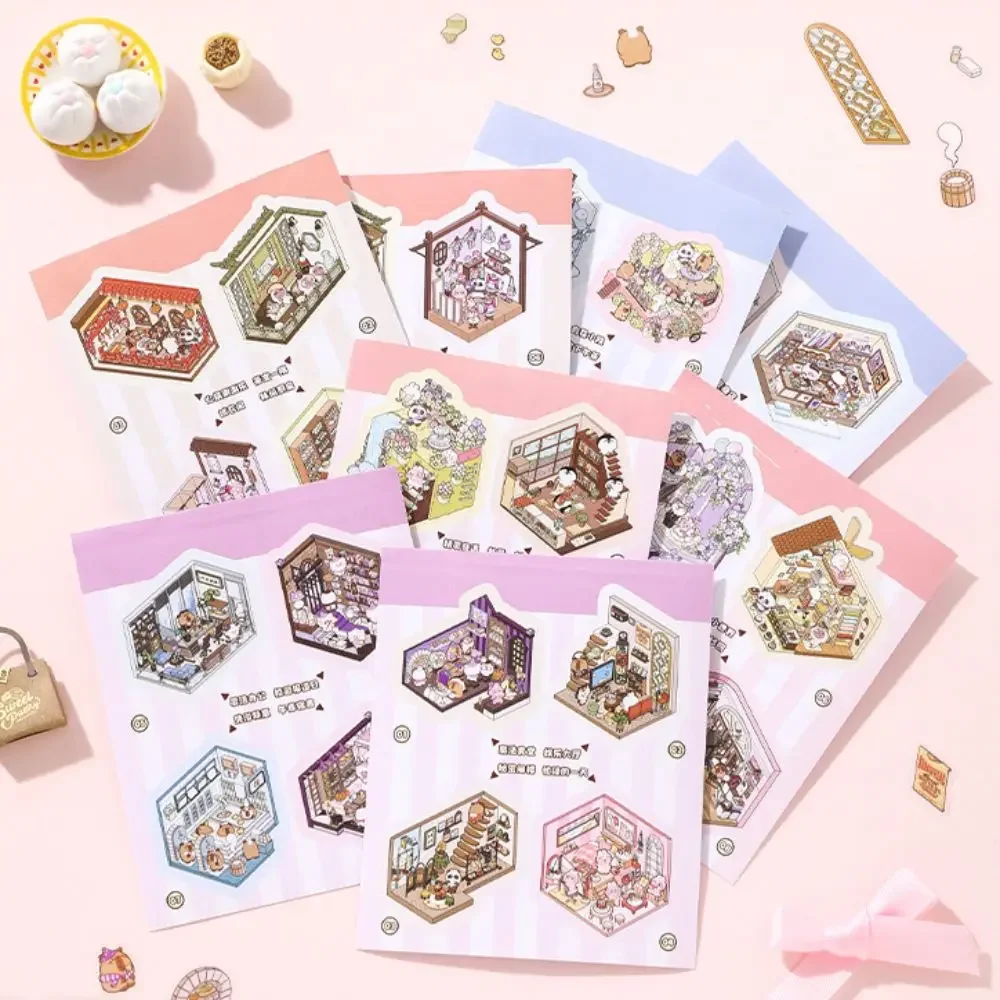 Kawaii حجم صغير المشهد ملصق كتاب 8 في 1 PET مصغرة المشهد جمع الكرتون DIY 3D جيب المقصورة المشهد ملصقات الاطفال
