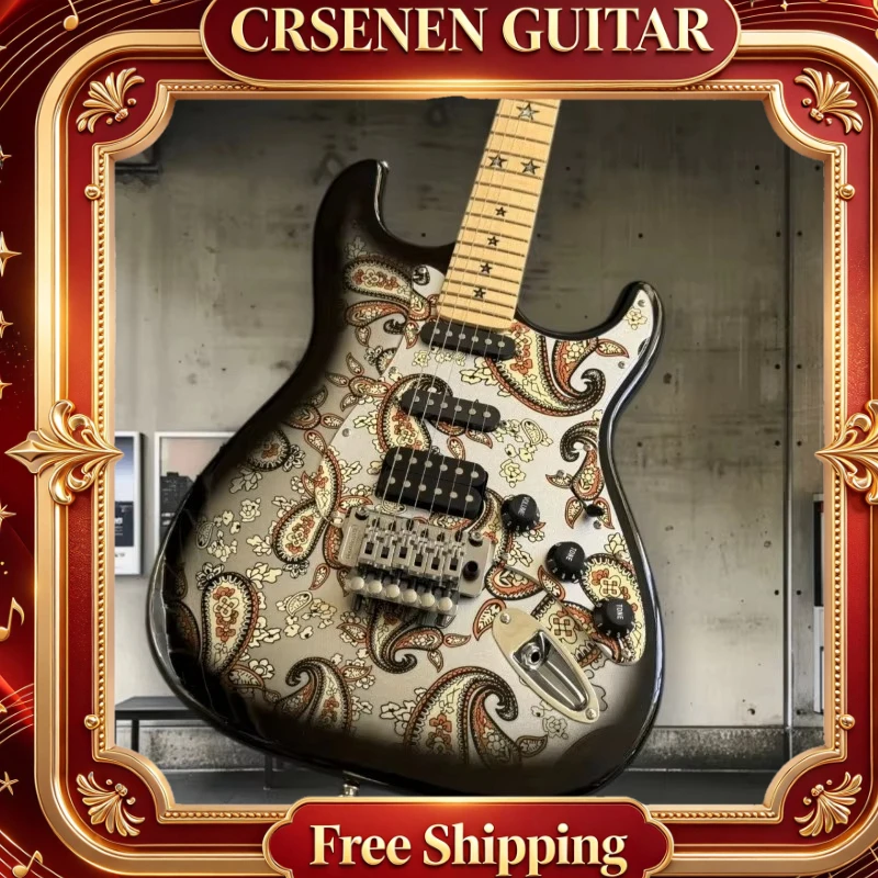 Free Shipping ST Paisley Pattern Electric Guitar HSH Pickups Maple Neck Star Inlay Present Music Fan Christmas Band Practice