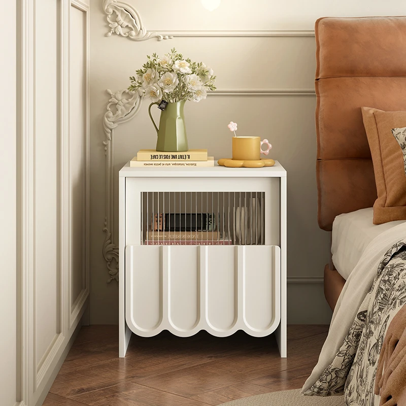 Mufeng new cream wind bedside table small bedroom luxury advanced sense with glass bedside cabinet 25CM narrow cabinet.