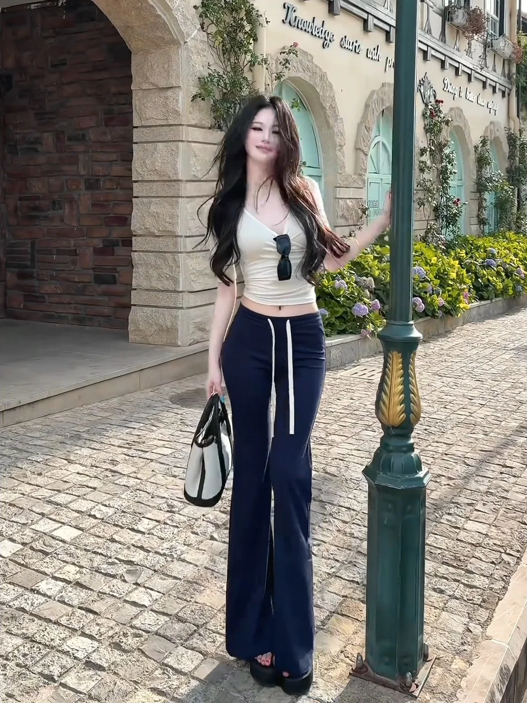 

Cool Drawstring Wide Leg Pants Women's Casual Comfortable Summer Breathable High Waist Pants Asymmetric Design Skin-friendly