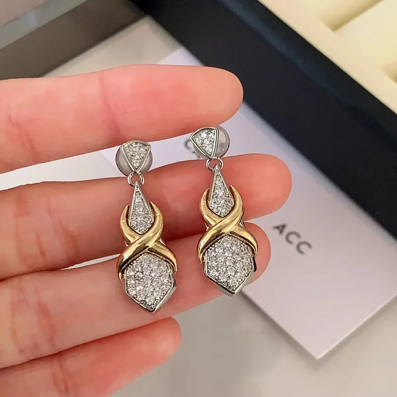 Vintage Metal Contrasting Cross Zircon Earrings for Women French Street Fashion OL Exquisite Banquet All-match Jewelry