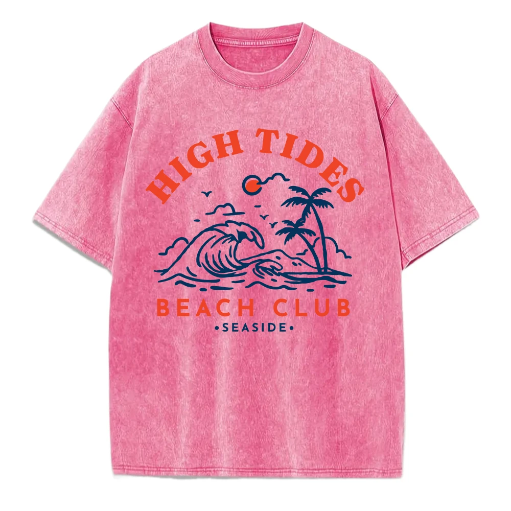 

High Tides Beach Club Printing Washed T-Shirts Womens Cotton T Shirt Comfortable Distressed O-Neck Tops Summer Woman Clothes
