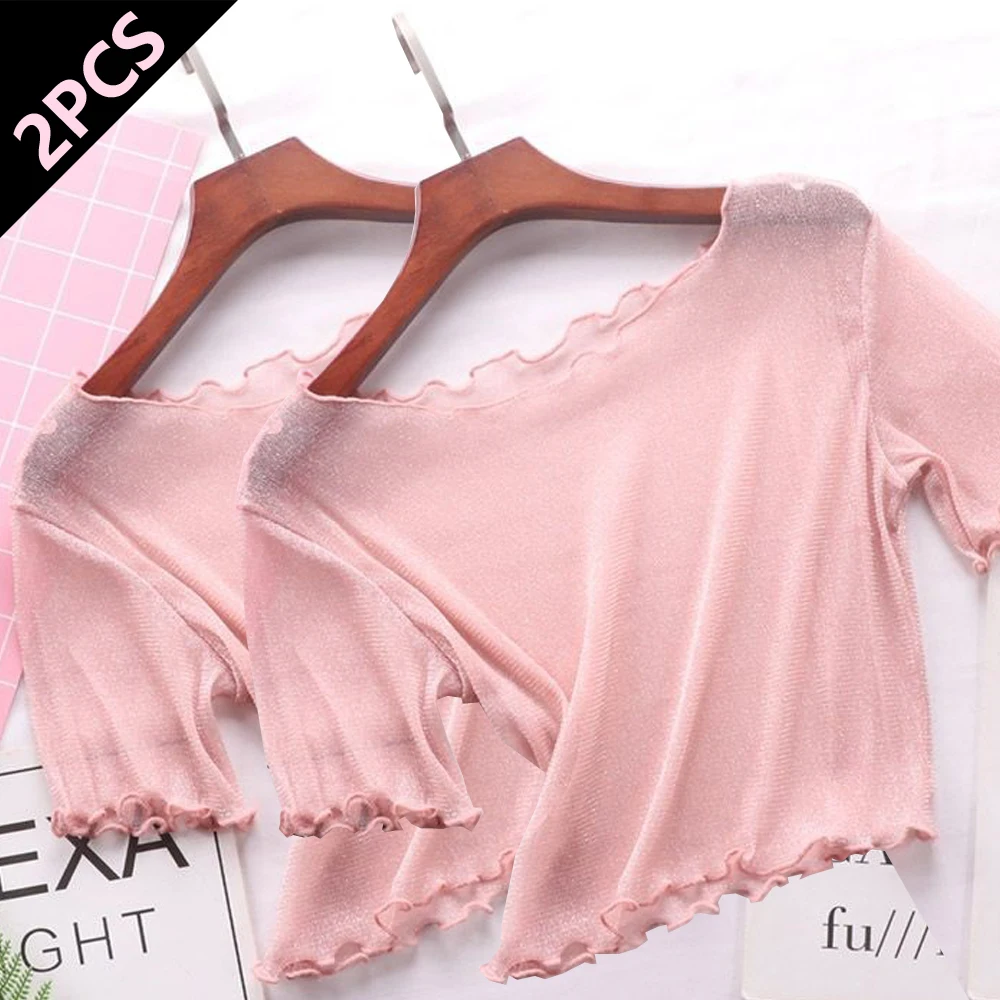 

2 PCS 1 SET Navel Exposed Short Base Shirt Women Modern Dance Gym Yoga Half Cut Short Sleeved Fresh Mesh Shiny Elastic T-shirt