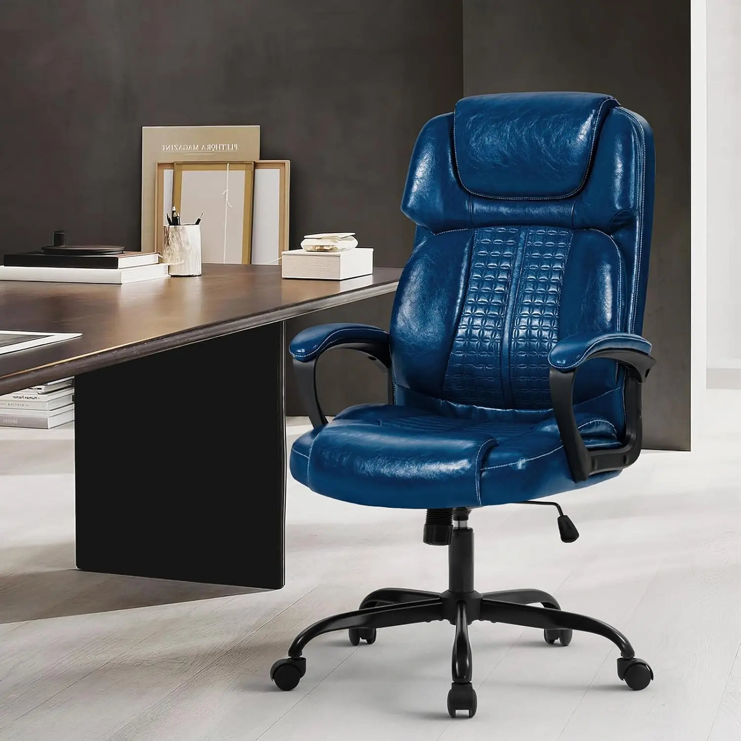 High Back Executive Office Chairs Blue Leather Computer Desk Chair with Wheels and Arms,Comfy Swivel Rocking Ergonomic