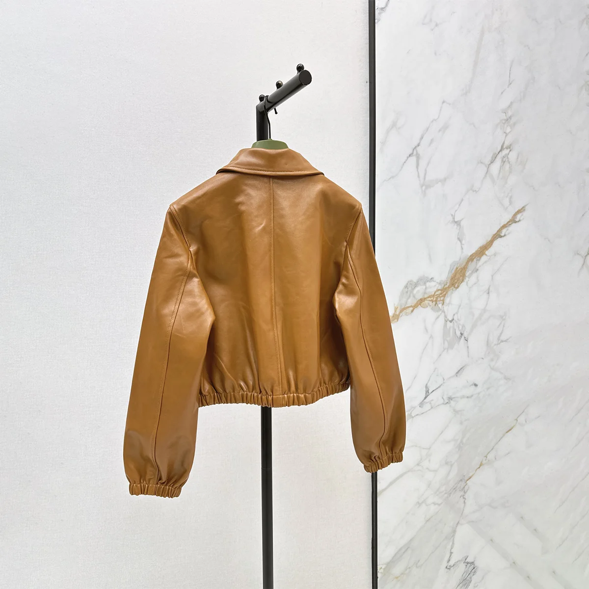 2026 high-quality new women's clothing lapel elastic hem zipper long sleeved faux leather jacket--hb803
