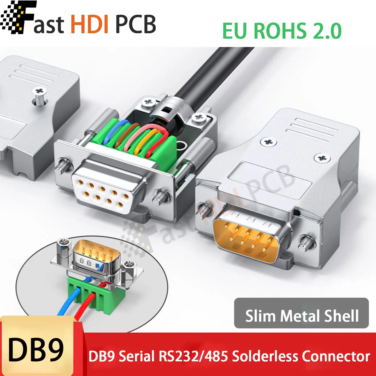 DB9 Solderless Connector Male Female 9 Pin RS232 RS485 Screw Terminal 5A 1000V Gold Plated Solid/Stamped Pin for PLC Industrial
