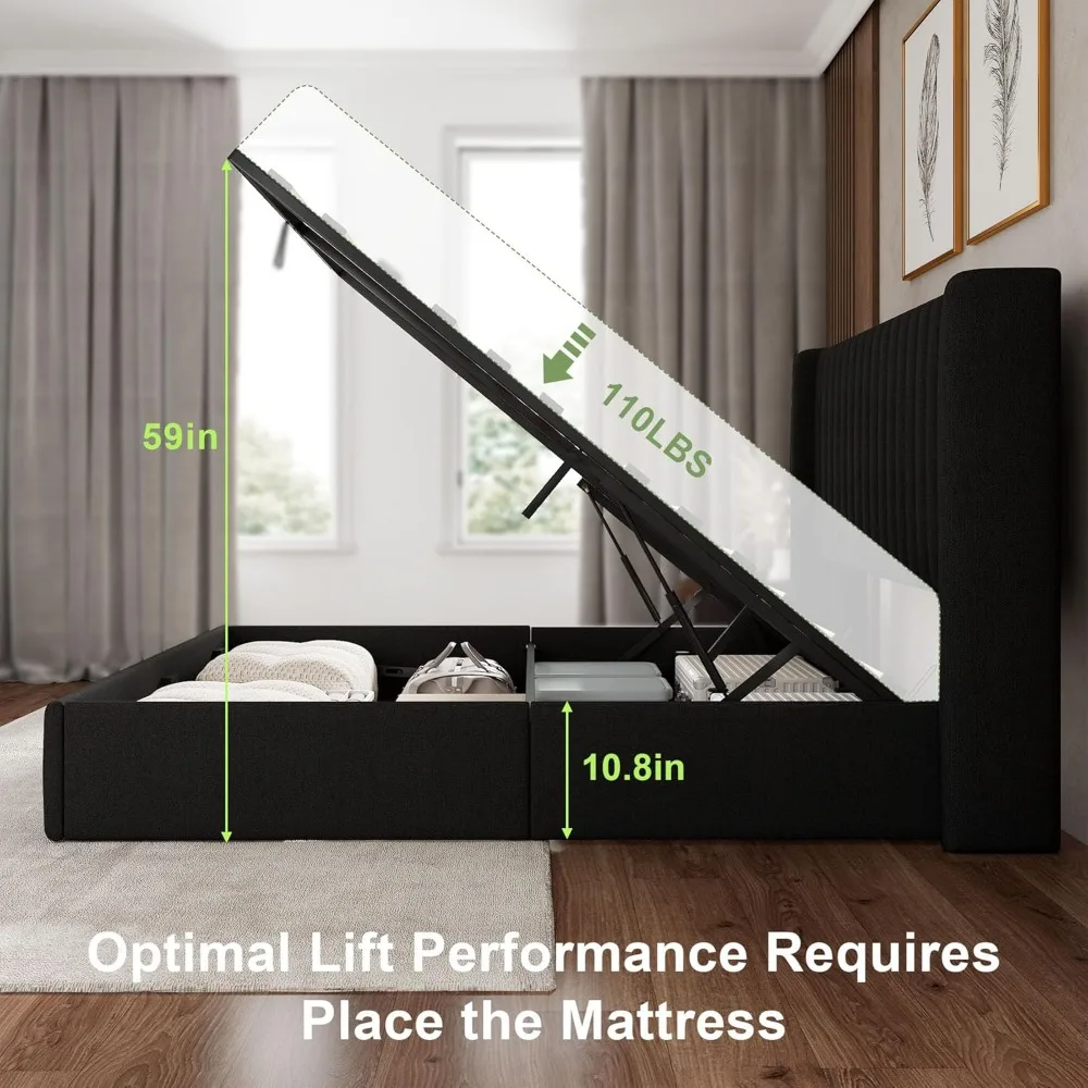 إطار سرير تخزين كبير الحجم من Feonase، سرير بمنصة منجدة من الكتان مع لوح رأسي مجنح، تخزين هيدروليكي، بدون صندوق S #5