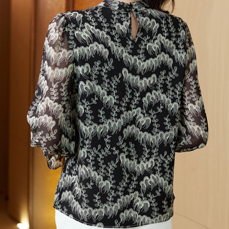 Printed Women's Shirt Long Sleeved Blouse 2025 Spring Autumn Female Clothing Loose Fashion Ladies Tops Transparent Thin Shirts