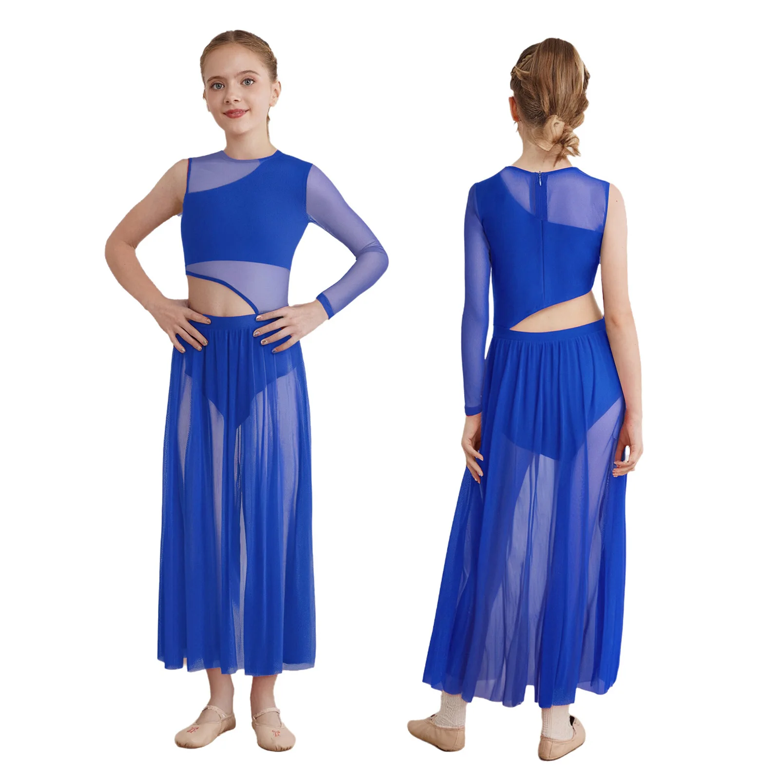 

Детское платье для лирических танцев для девочек, асимметричные боковые прозрачные сетчатые купальники с юбкой, современный танцевальный костюм, танцевальная одежда для выступлений