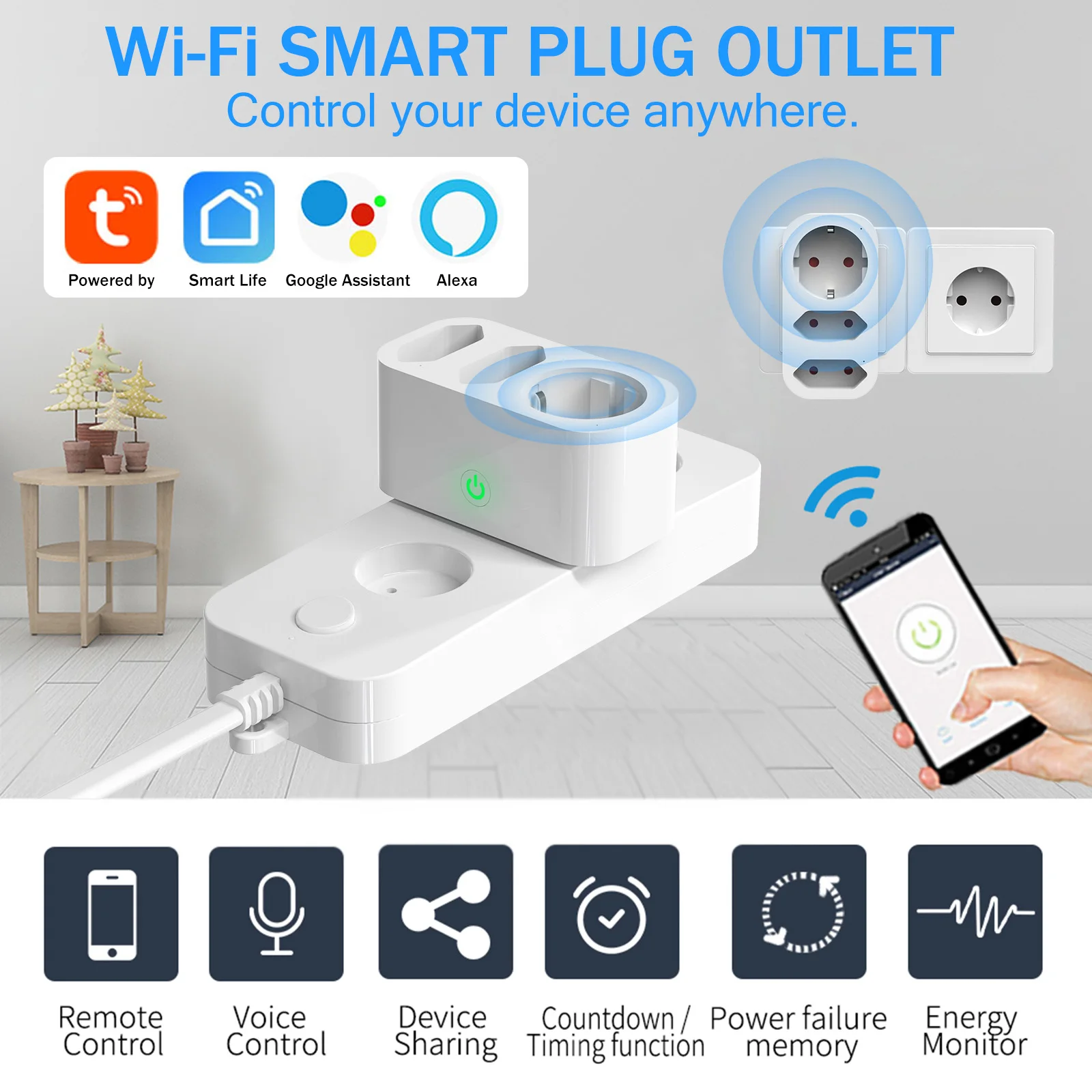 EU Plug Smart WiFi Socket with Smart Voice Control/Remote APP Energy Monitoring Timing Setting Compatible with Alexa/Google