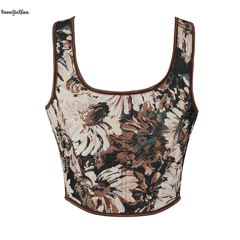 Retro Renaissance Women Clothing Going Out Cropped Top Lace Up Boned Floral Print Vest Tank Women Corset Plus Size