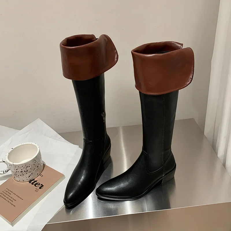 

New Style Pointed Toe Thick Heel Side Zipper Mid-Heel Fashion Boot Large Size Angora Red Two-Way Leather Over-The-Knee Boots