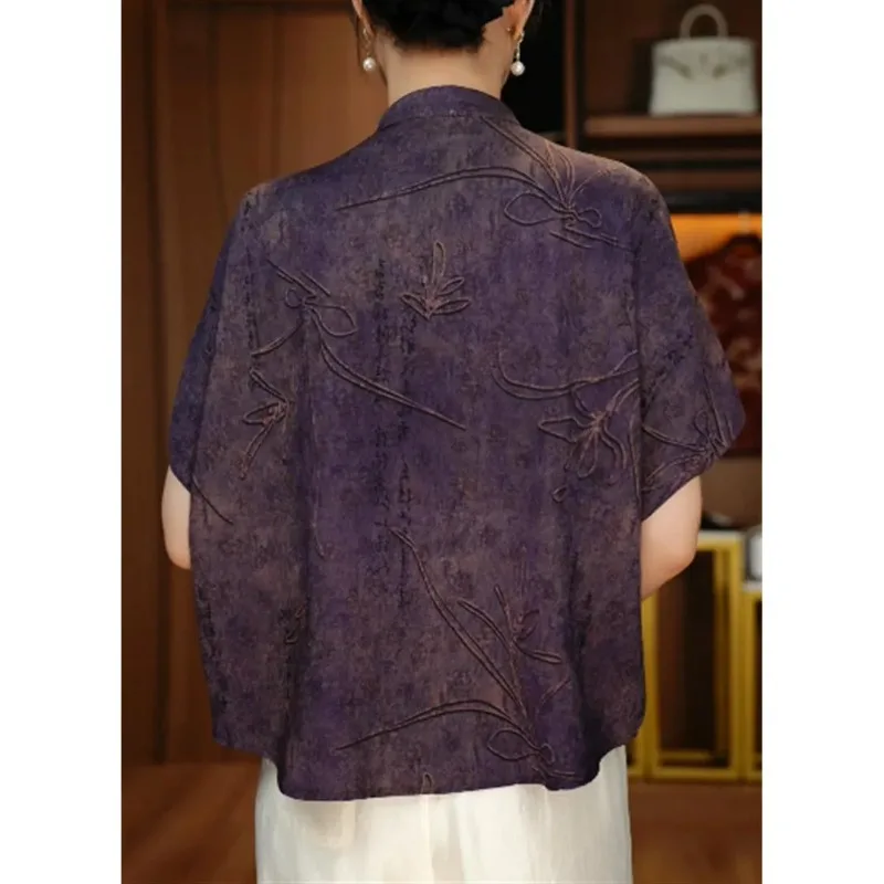 Chemisier violet à manches courtes et col Mandarin pour femme avec broderie de calligraphie florale