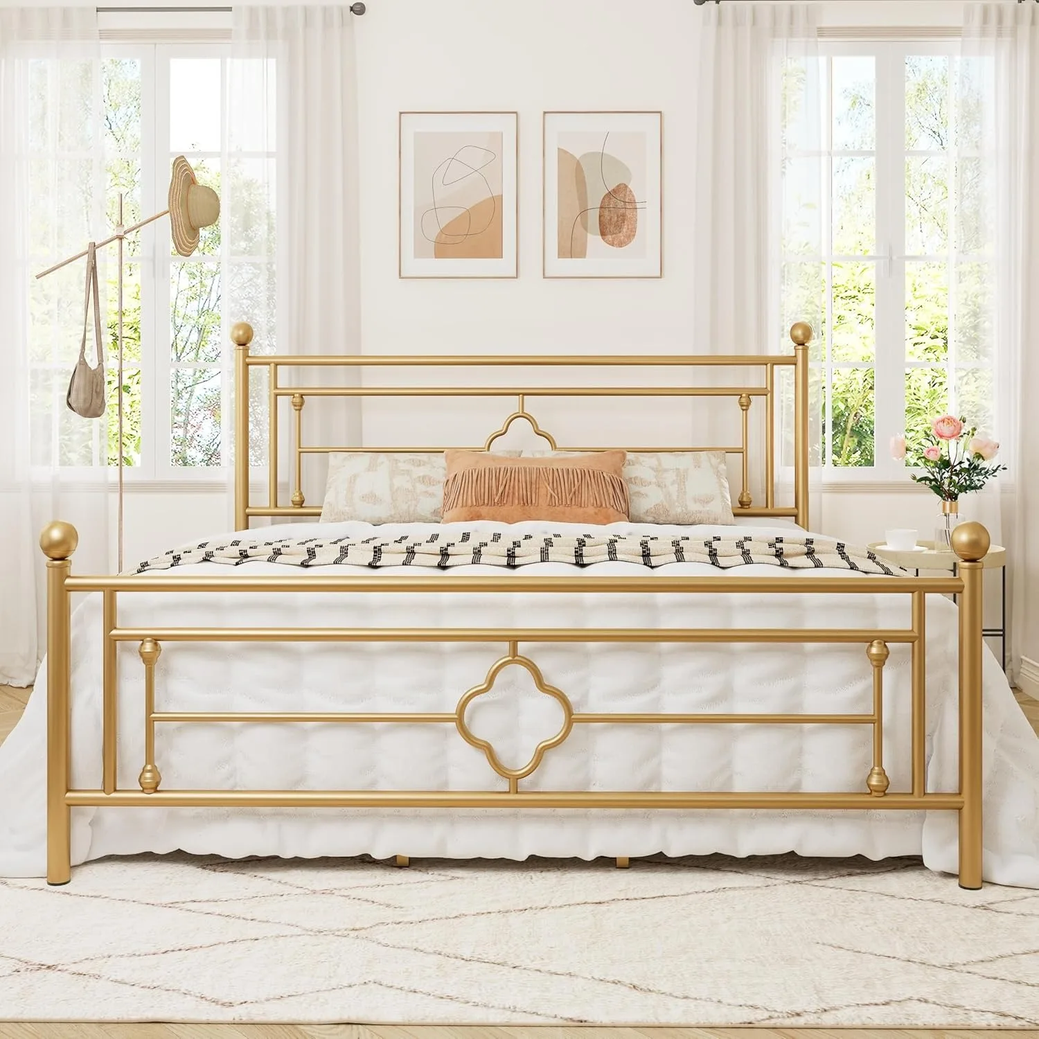 King Size Metal Platform Bed Frame w/ Victorian Vintage Headboard & Footboard/Mattress Foundation/Under Bed Storage