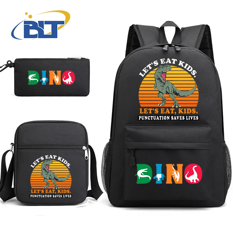 Dinossauro Imprimir Student School Bag Set, Juventude Mochila Preta, Bolsa de Ombro, Lápis, Presente Kids Back to School, 3 Pcs