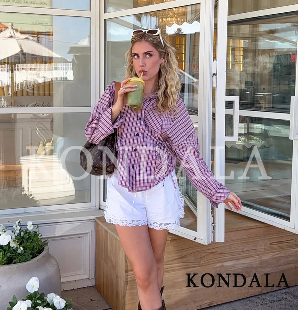 KONDALA Trendiges Rosa Kariertes Hemd für Damen – Neu 2026 Frühling/Sommer Mode Freizeit-Hemd mit Knöpfen und Taillenschnürung im High-Street-Stil