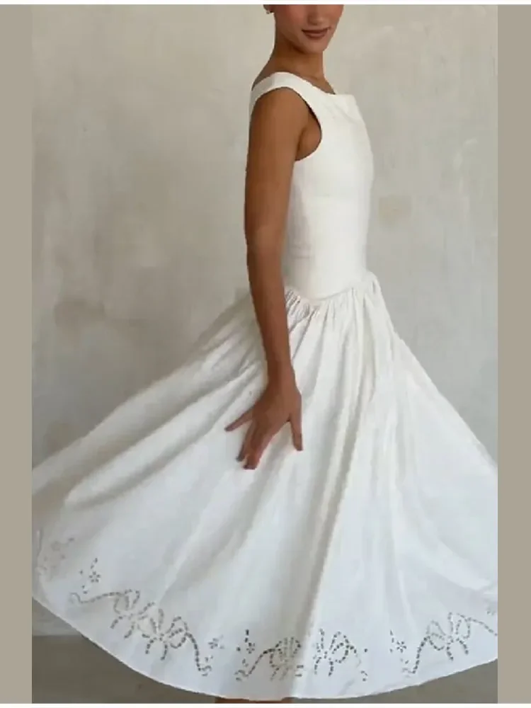 Elegantes weißes schulterfreies Midikleid mit modischer Stickerei, tailliert, A-Linie, Vestidos, schickes Sommer-Abendoutfit für Damen – Detail 3