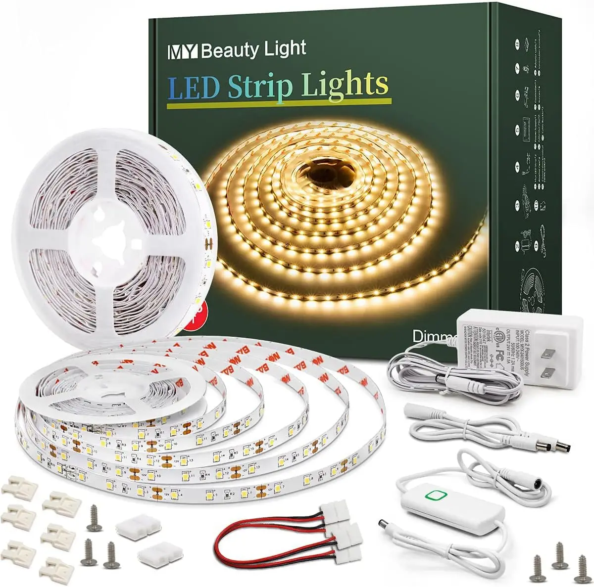 65.6ft Warm White Dimmable LED Strip Lights with Dimmer, Adhesive & Connectors for Indoor Decor