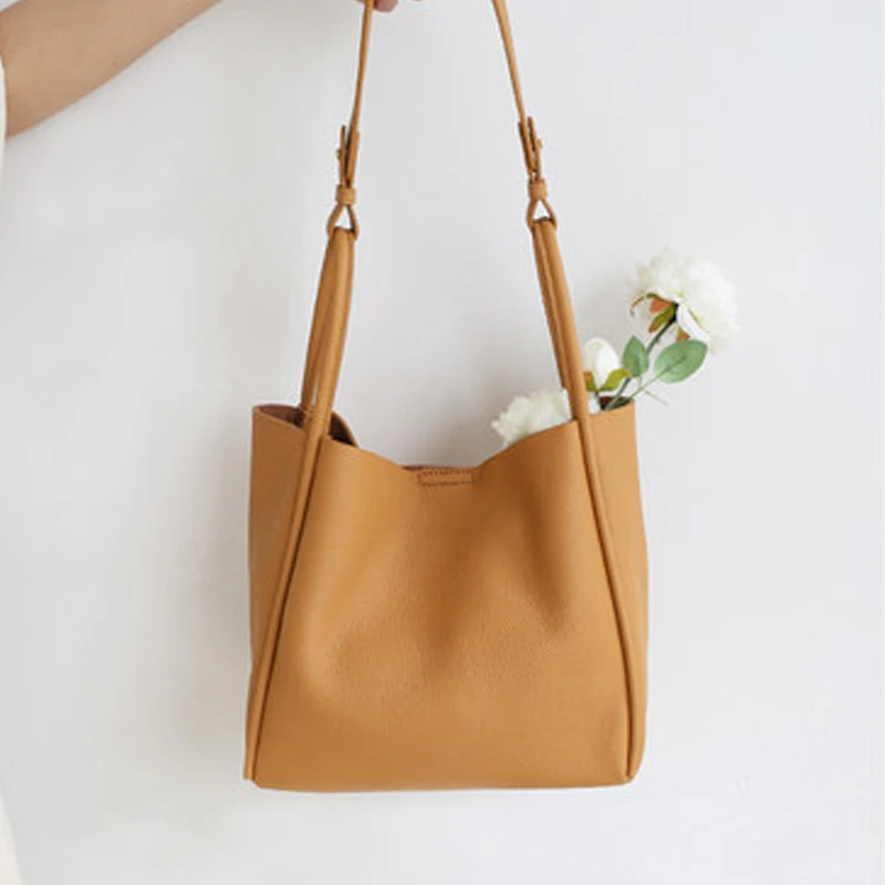 Fashion Female Genuine Leather Shoulder Bags Women Handbag Solid Color Lady Bucket Messenger Bag With Removable Inner Purse New