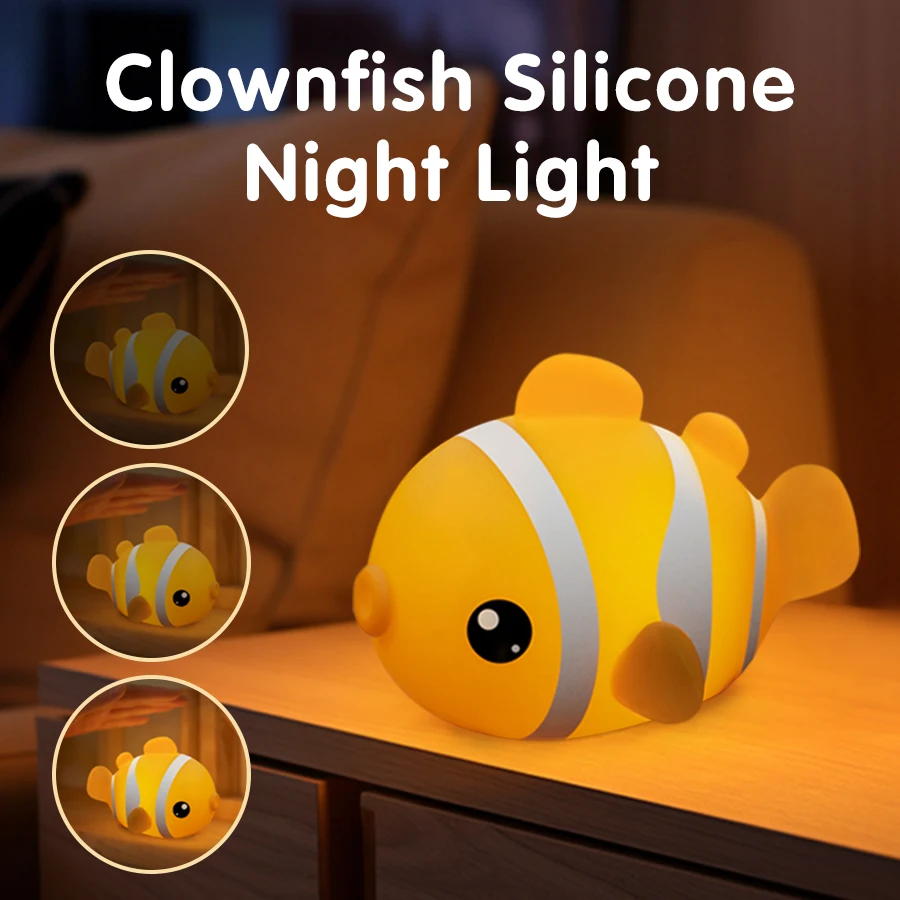 Clownfish Night Light Three-gear Dimmable Silicone Bedside Lamp for Kids Rechargeable Touch Led Nightlight for Bedroom Nursery