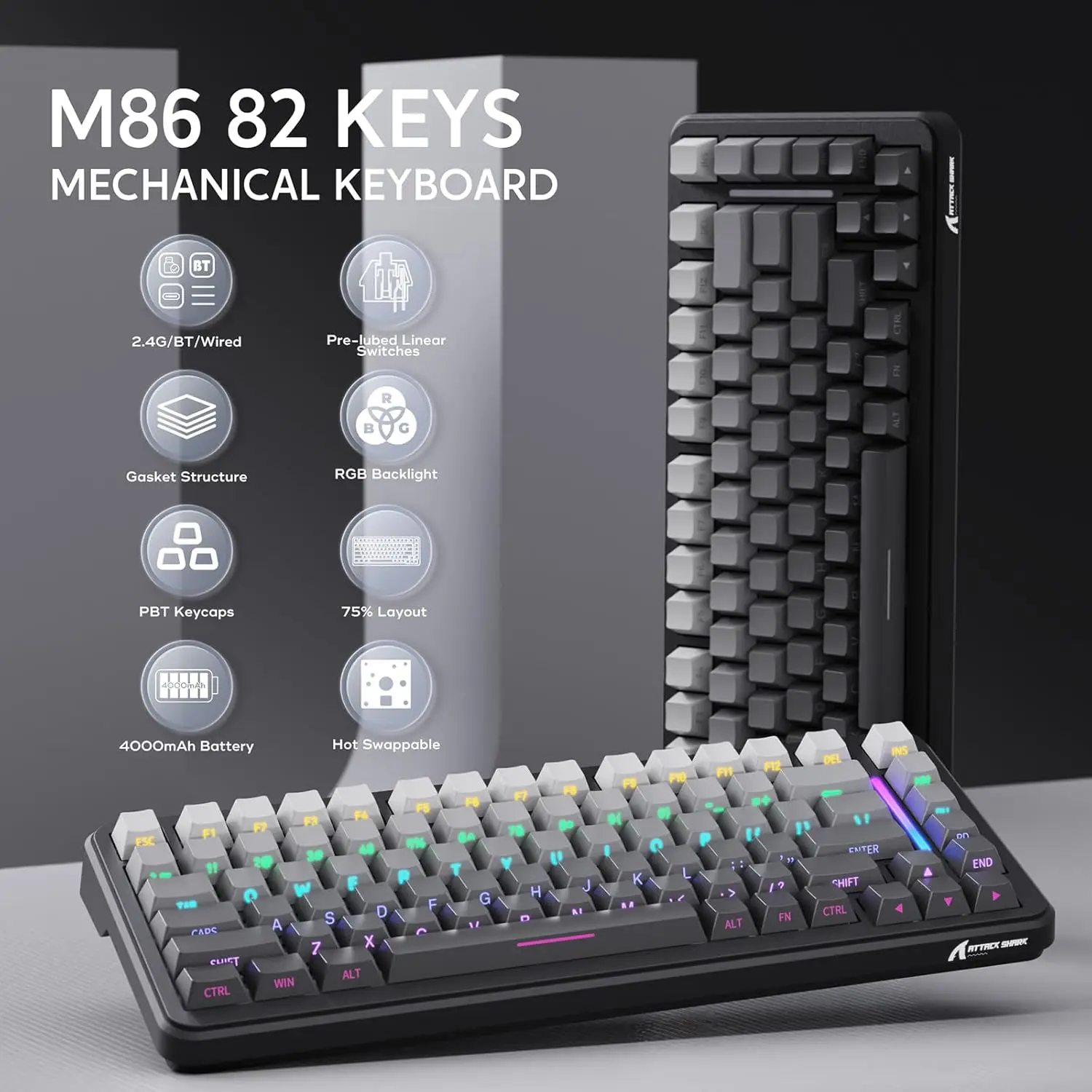 MAMBASNAKE x ATTACK SHARK M86 82 Keys Wireless Mechanical Keyboard, 75% Gasket Hot Swappable Custom Keyboard