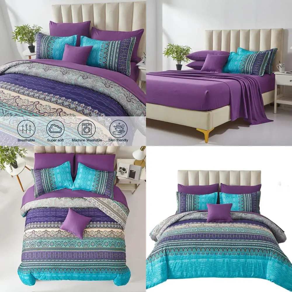 

Queen Size 8-Piece Bohemian Striped Bedding Set in Aqua Paisley Floral, Soft Microfiber for All Seasons