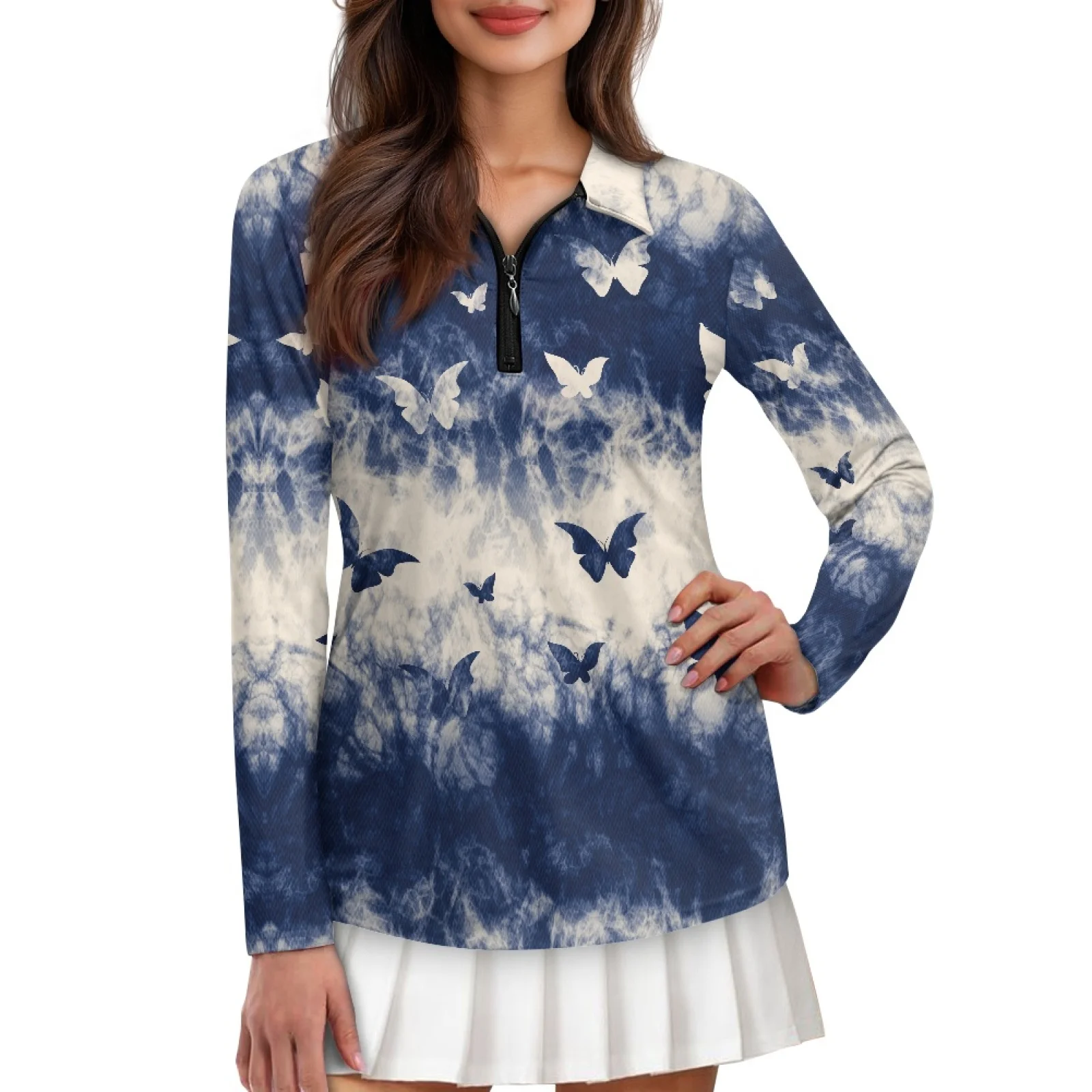 PENSTROLL Butterfly Theme Womens Quarter Zip Tennis Polo Shirt Machine Washable Golf Shirts for Casual