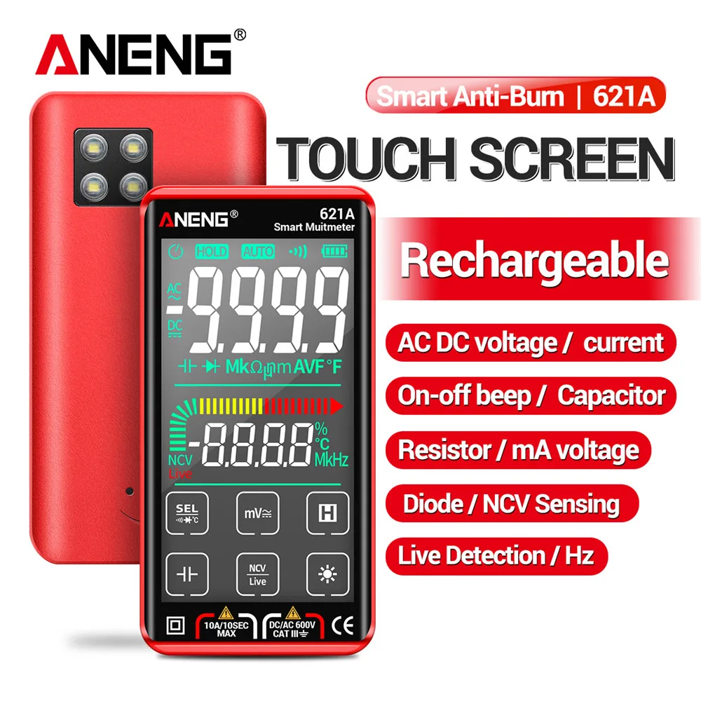 With Battery 621A Smart Digital Multimeter Touch Screen Multimetro Tester transistor 9999 Count True RMS Auto Range DC/AC Meter