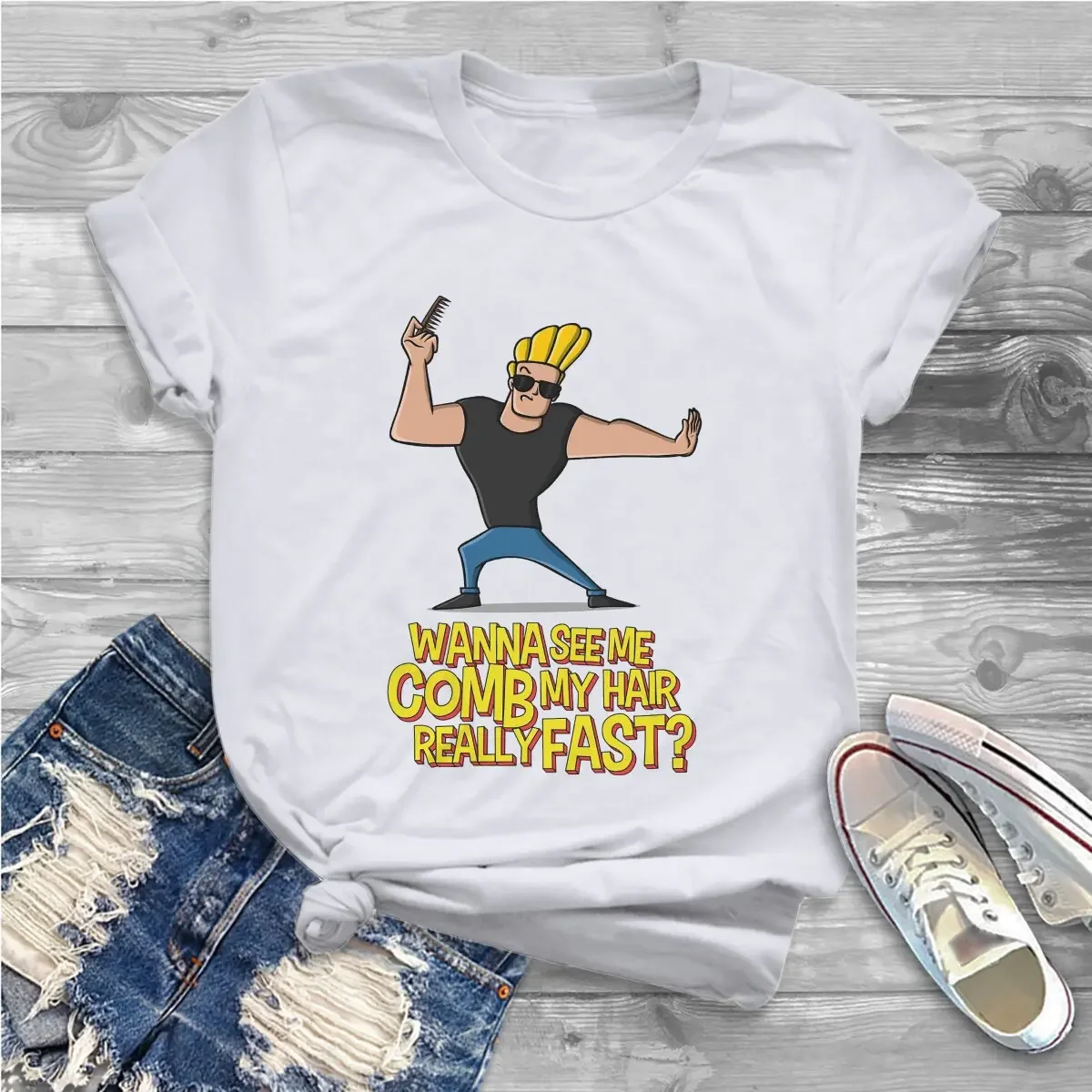 Black Humor Hey Mama1 Women T Shirts Johnny Bravo Humor Anime Fun Tee Shirt Short Sleeve Crew Neck T-Shirt Gift Idea Clothing