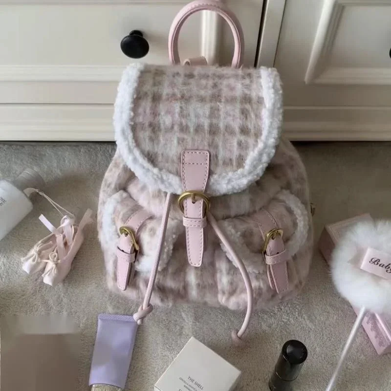 Bow Check Backpack Y2K Kawaii Lolita Japanese PU Bag Sweet Pink Wool Fleece Thin Flash Strap Girls Shoulder Bag Backpack New