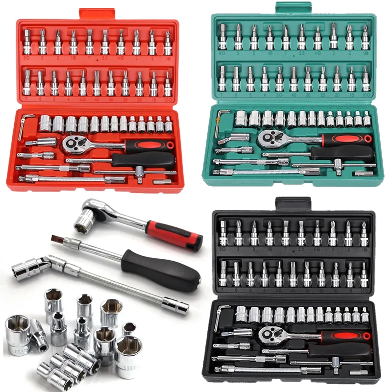 46PCS Wrench Socket Set 1/4 inch Ratchet Wrench Sockets Metric Hex Socket Hardware Car Boat Motorcycle Bicycle Repairing Tool