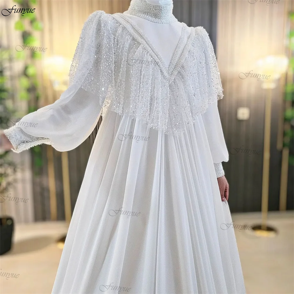 Robe De Mariée France Hijab Wedding Dress 2024 Glitter Sequin A-Line Chiffon Long Sleeve Bridal Gowns for Bride Vestido De Noiva