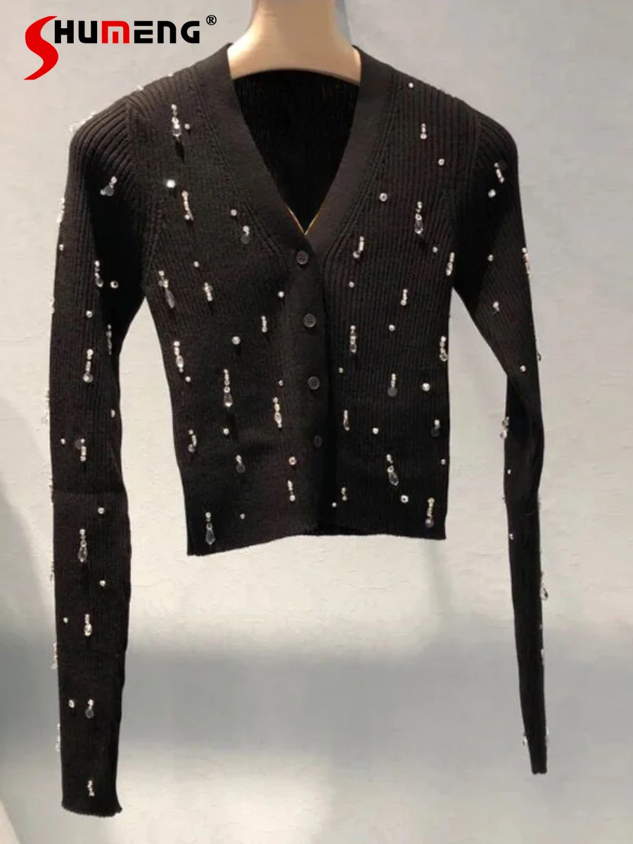 

2022 Autumn New Fashion Elegant Beaded Diamond Long Sleeve Knitted Cardigan Coat Women's Simple V-neck Slimming Short Sweater