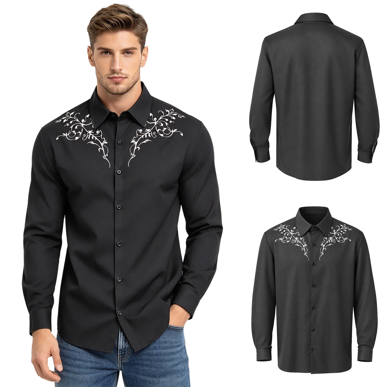 Men Contrast Printed Tee Shirt Turn-down Collar Long-sleeve Button Top for Casual Daily Life Vacation Beach Western Cowboy Party