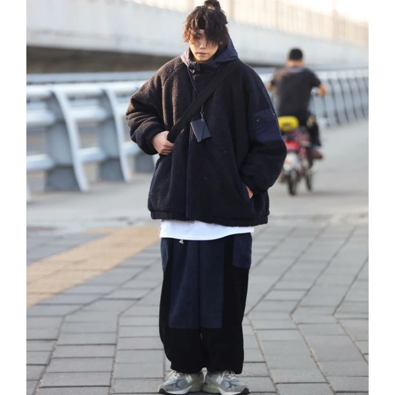 Japanese Harajuku Men Set Winter Fashion Lamb Wool Warm 2-Piece Retro Patchwork Thicken Jacket+Corduroy Wide Leg Overalls Suit