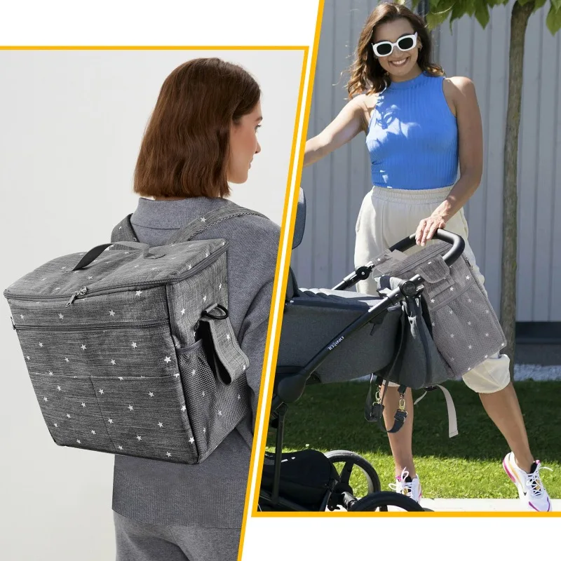 Große Baby-Kinderwagentasche mit Sternenmuster, Baby-Kinderwagen-Organizer mit Getränkehalter und Schultergurt, Multifunktionale Buggy-Mama-Tasche – Detail 5
