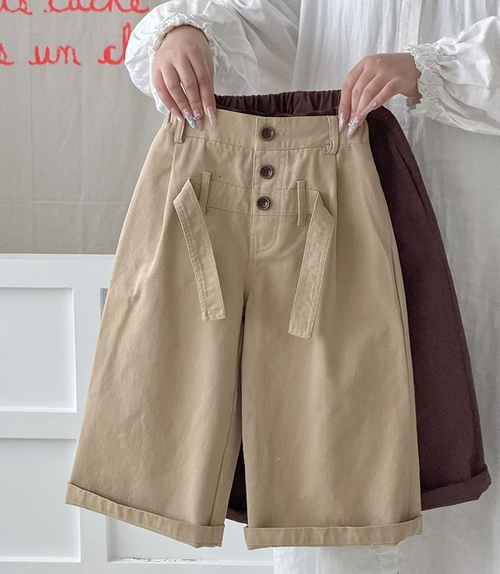 Girls' Wide Leg Pants for Autumn 2026 New Children's Khaki Work Pants Girls Baby Loose Rolled Edges Straight Leg Casual Pants
