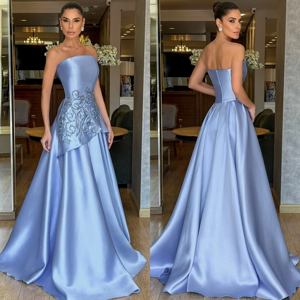 

Customized Elegant Blue Satin Evening Dress Formal Strapless Sleeveless Celebrity Gowns Classic A-Line Zipper Back Party Dresses