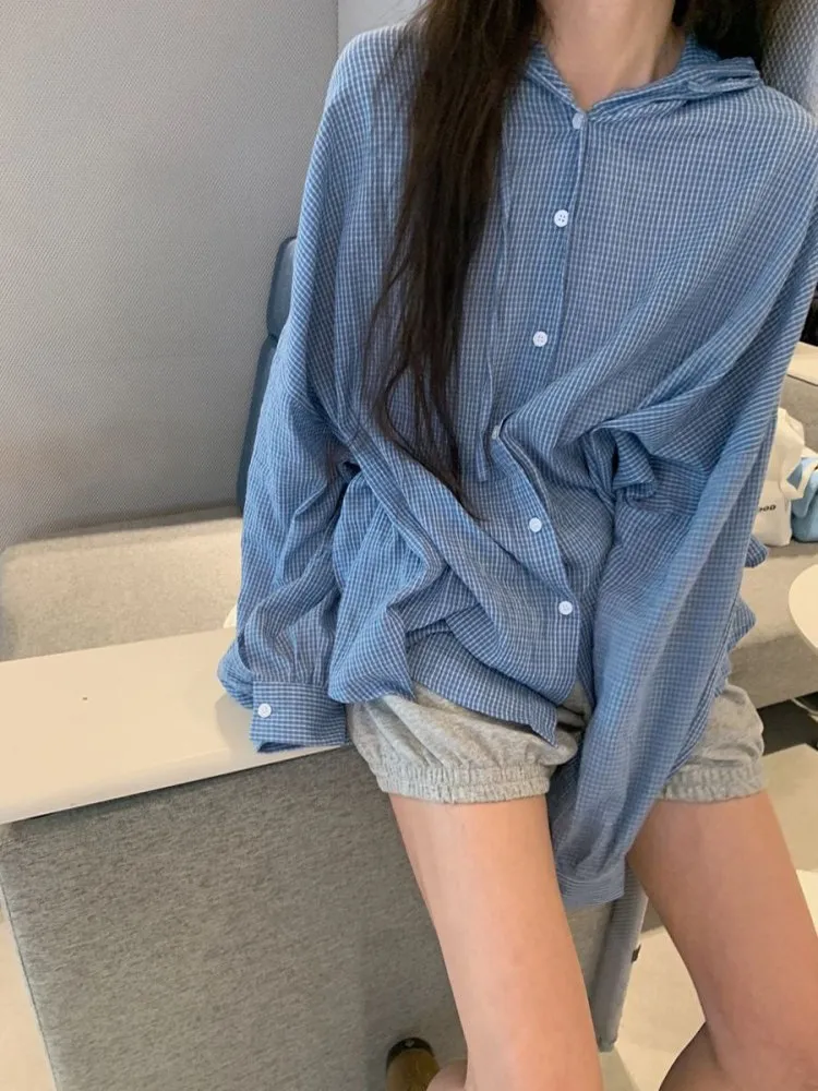 

Loose Bubble Cotton Plaid Casual Shirt Women's Cover up Sun Protection Spring Commute Style Long Sleeve Hooded Regular Length