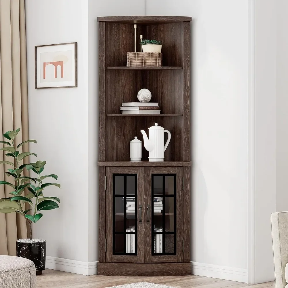 

Curved Corner Storage Cabinet, 65" Tall Freestanding Bookcase with Glass Doors & Adjustable Shelves, 5-Tier Corner Display Cabi